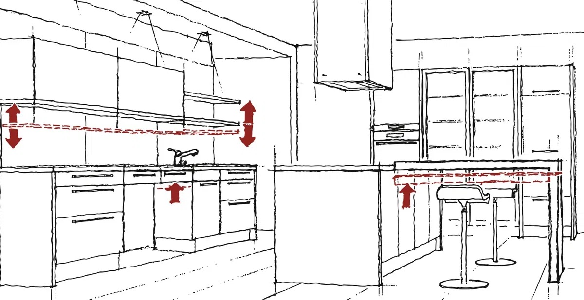 Skizze einer Komfortküche mit angepassten Höhen