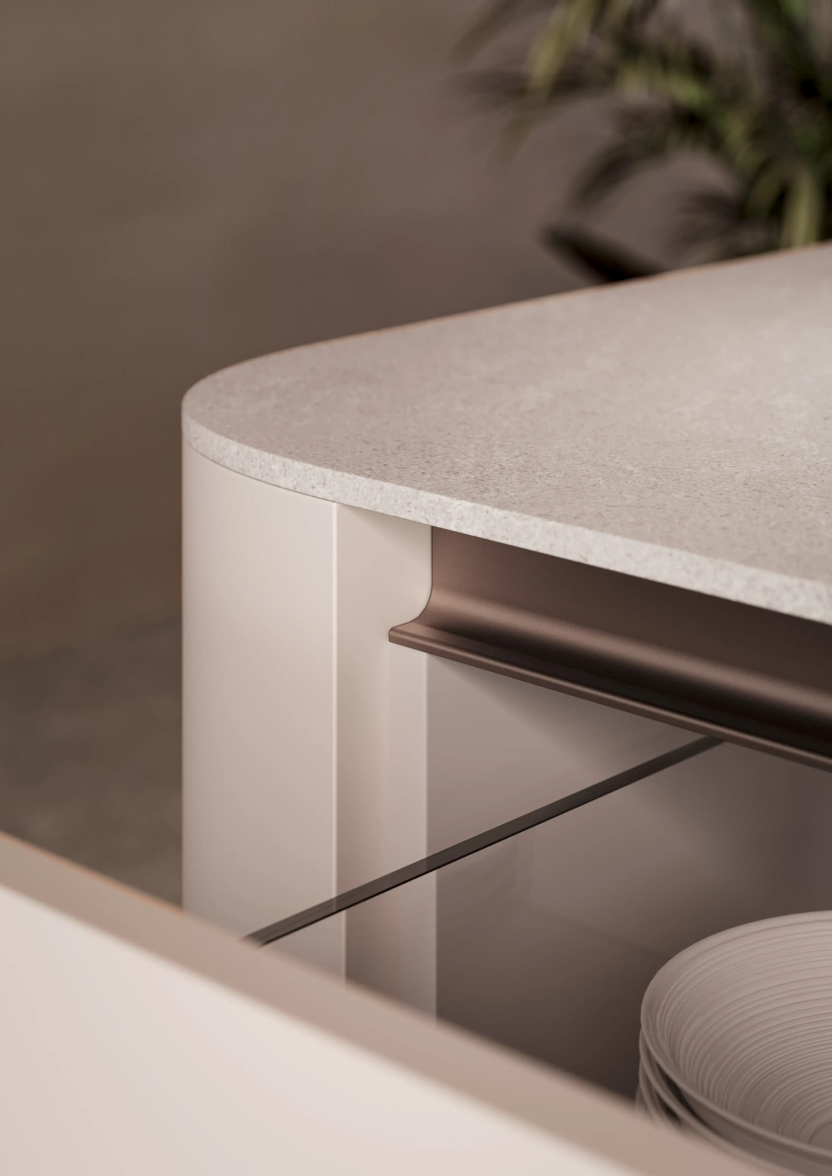 Moderne Kücheninsel mit abgerundeter Arbeitsplatte und Hocker, Hintergrund unscharf.